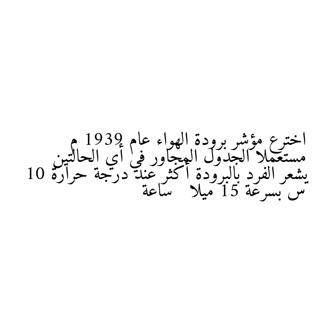 اخترع مؤشر برودة الهواء عام 1939 م مستعملا الجدول المجاور في أي الحالتين يشعر الفرد بالبرودة أكثر عند درجة حرارة 10 س بسرعة 15 ميلا   ساعة