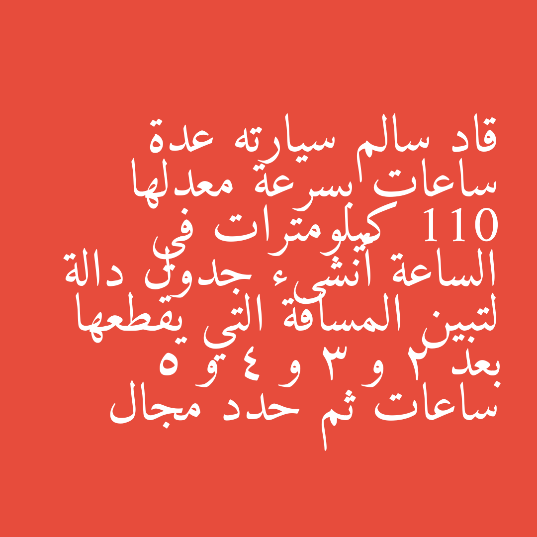 قاد سالم سيارته عدة ساعات بسرعة معدلها 110 كيلومترات في الساعة أنشىء جدول دالة لتبين المسافة التي يقطعها بعد 2 و 3 و 4 و 5 ساعات ثم حدد مجال