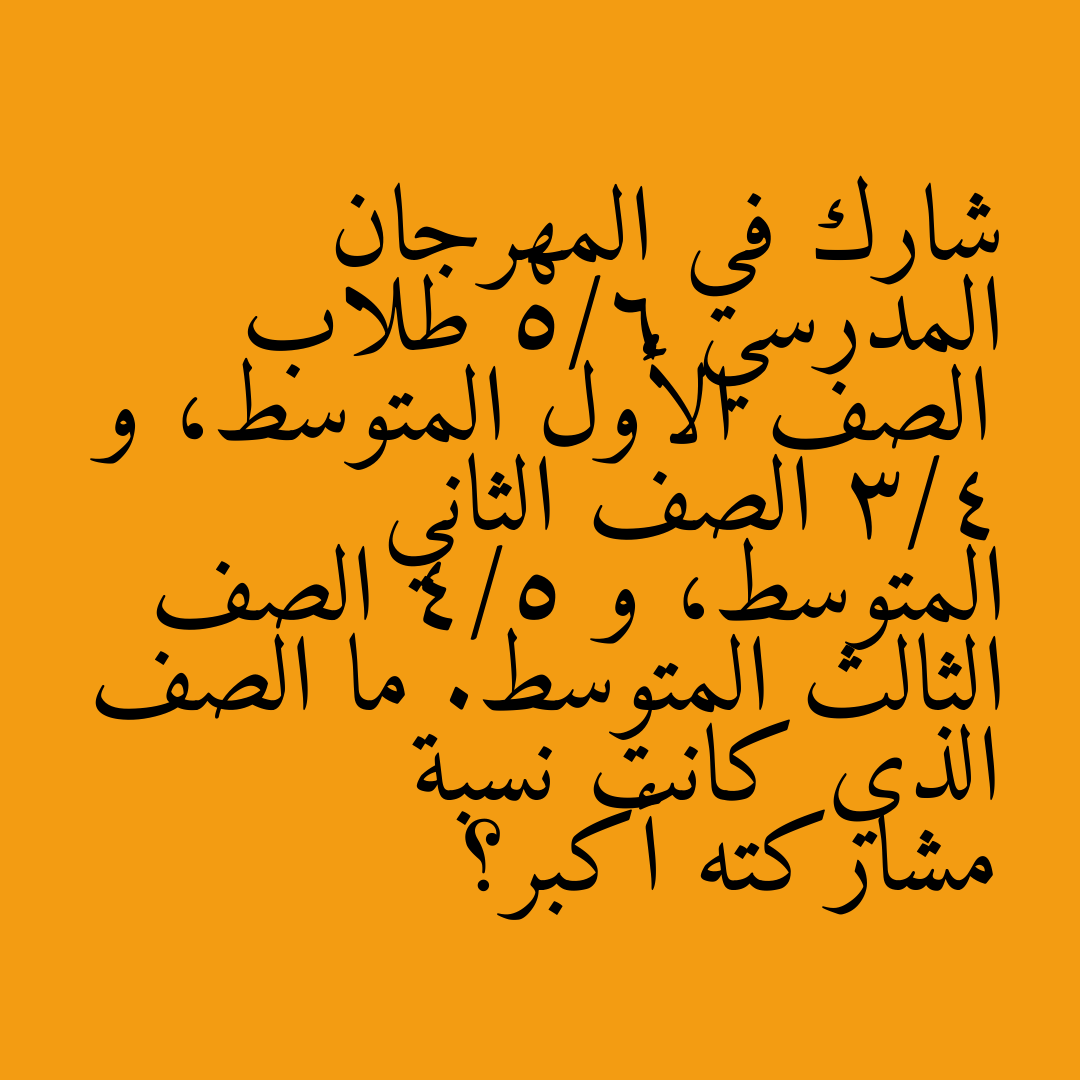 شارك في المهرجان المدرسي 5/6 طلاب الصف الأول المتوسط، و 3/4 الصف الثاني المتوسط، و 4/5 الصف الثالث المتوسط. ما الصف الذي كانت نسبة مشاركته أكبر؟
