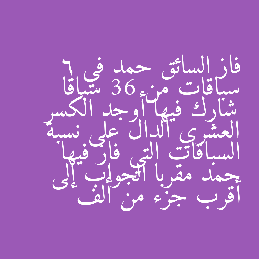 فاز السائق حمد في 6 سباقات من 36 سباقا شارك فيها أوجد الكسر العشري الدال على نسبة السباقات التي فاز فيها حمد مقربا الجواب إلى أقرب جزء من ألف
