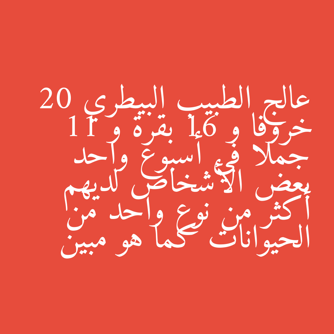 عالج الطبيب البيطري 20 خروفا و 16 بقرة و 11 جملا في أسبوع واحد بعض الأشخاص لديهم أكثر من نوع واحد من الحيوانات كما هو مبين