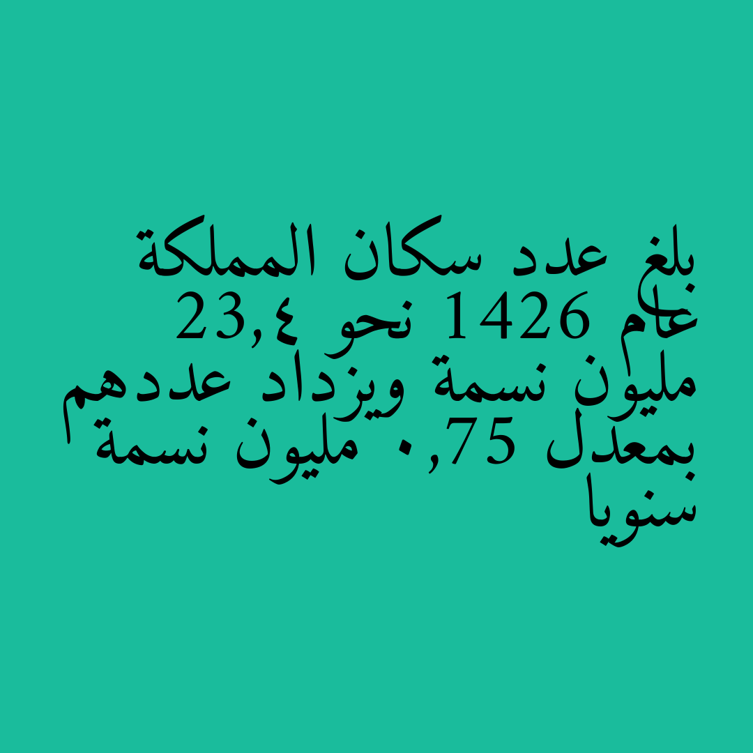 بلغ عدد سكان المملكة عام 1426 نحو 23,4 مليون نسمة ويزداد عددهم بمعدل 0,75 مليون نسمة سنويا