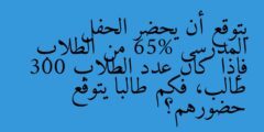 يتوقع أن يحضر الحفل المدرسى 65% من الطلاب فإذا كان عدد الطلاب 300 طالب، فكم طالباً يتوقع حضورهم؟