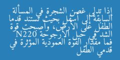 إذا تدلى غصن الشجرة في المسألة السابقة إلى أسفل بحيث تستند قدما الطفل على الأرض، وأصبحت قوة الشد في حبل الأرجوحة N220 فما مقدار القوة العمودية المؤثرة في قدمي الطفل