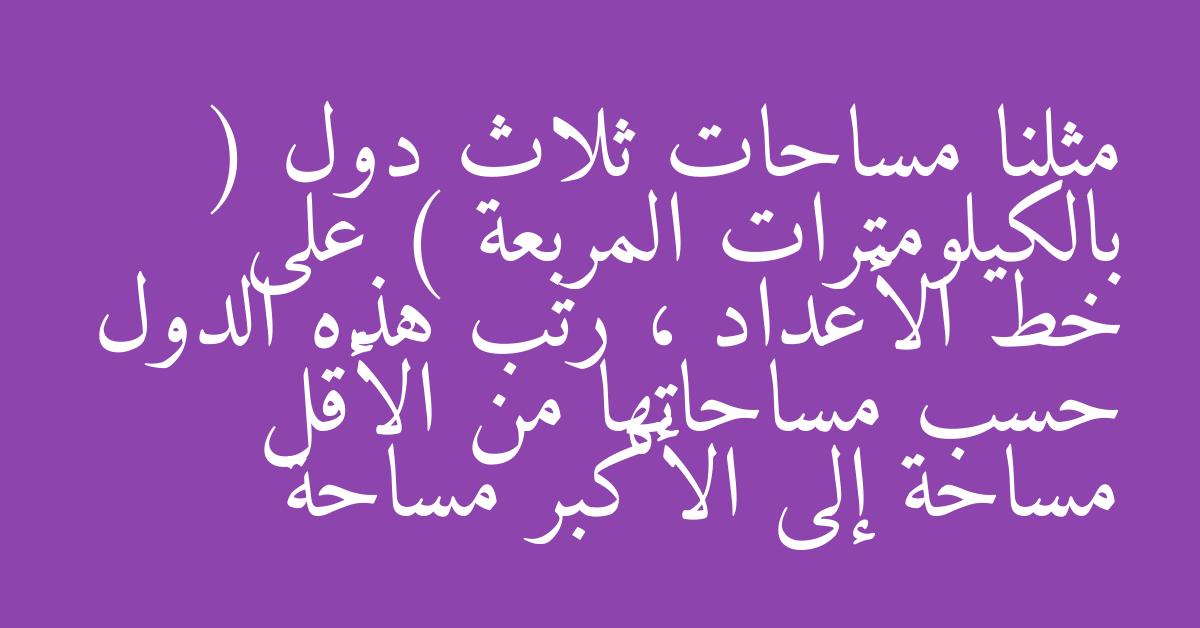 مثلنا مساحات ثلاث دول ( بالكيلومترات المربعة ) على خط الأعداد ، رتب هذه الدول حسب مساحاتها من الأقل مساحة إلى الأكبر مساحة