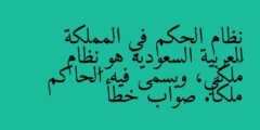 نظام الحكم في المملكة العربية السعودية هو نِظام مَلَكي، ويسمى فيه الحاكم ملكاً. صواب خطأ